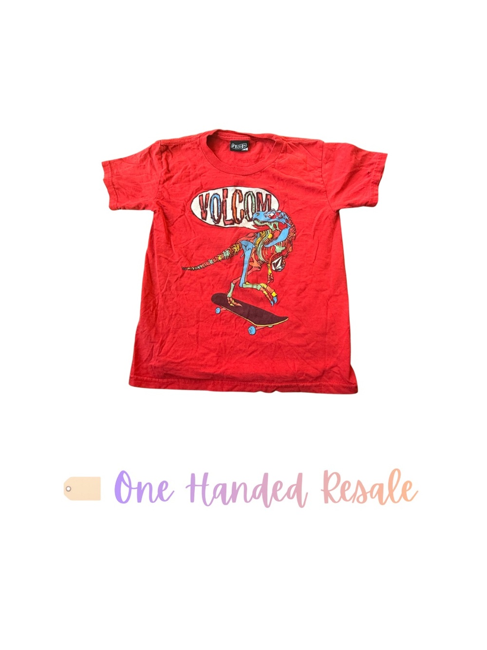 🛹 Volcom Kids Bright Red Skateboarding Dinosaur Vibrant Graphic Tee T Shirt L